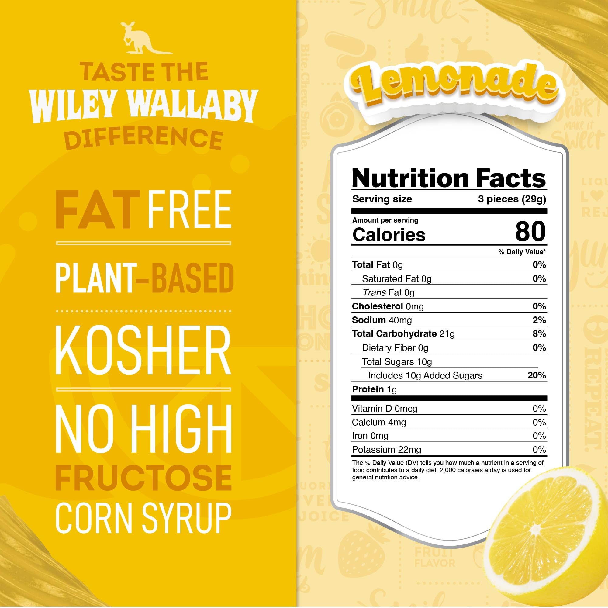 Wiley Wallaby Lemonade Licorice 3-pack back view, shows resealable bag.