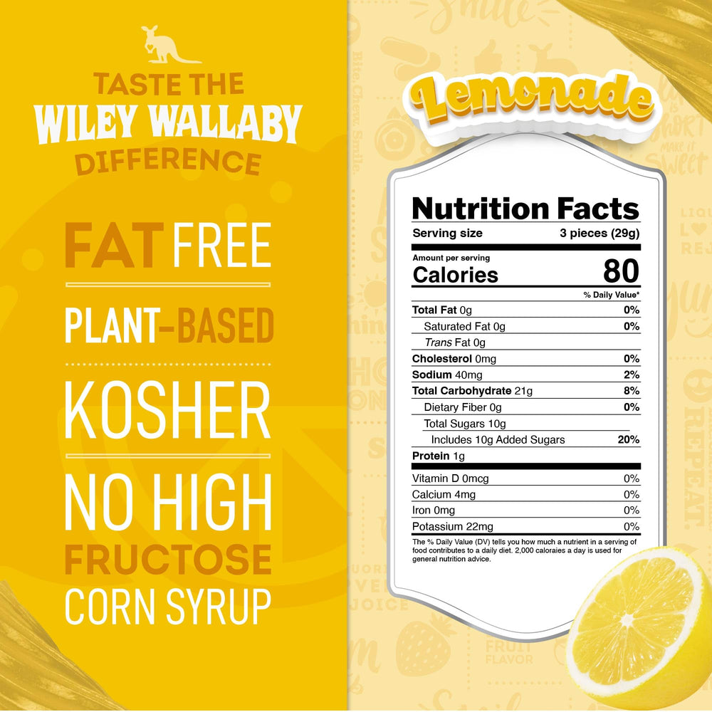 Wiley Wallaby Lemonade Licorice 3-pack back view, shows resealable bag.