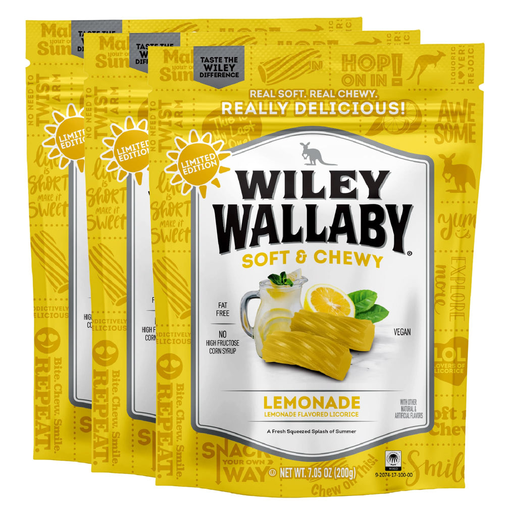 Wiley Wallaby Lemonade Licorice 3-pack front view, ideal for sharing.