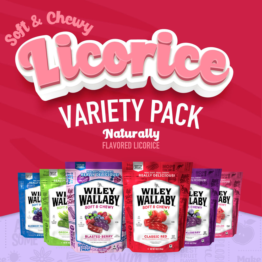 Re-sealable Wiley Wallaby licorice bag keeps pieces fresh for on-the-go cravings.
