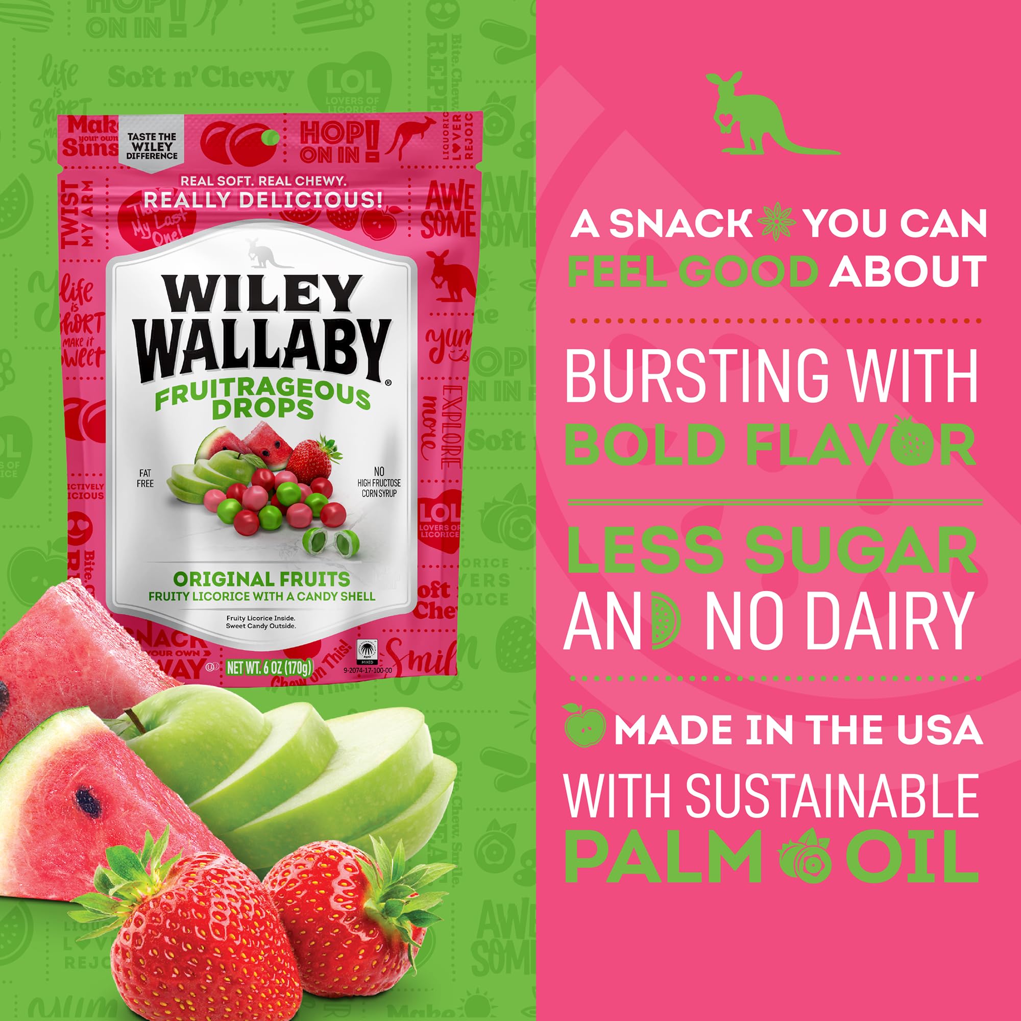 Wiley Wallaby resealable-bag image demonstrates convenient packaging for on-the-go snacking.