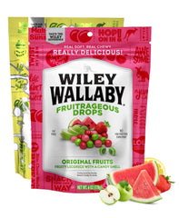 Wiley Wallaby Sourrageous Drops in a bag close-up showing tangy coating.