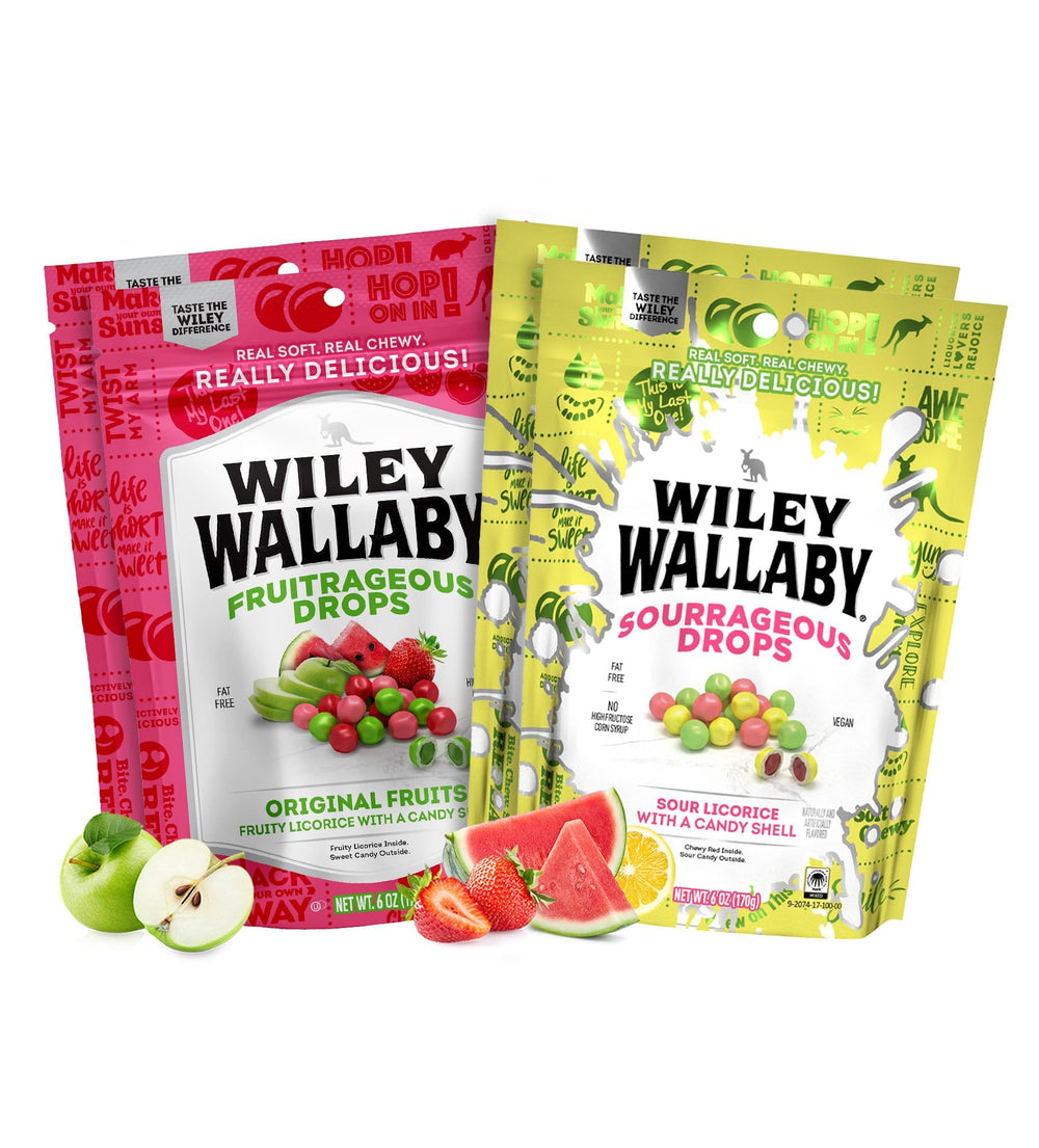 Wiley Wallaby Sourrageous drops close-up showcases soft licorice with candy coating for a bold bite.
