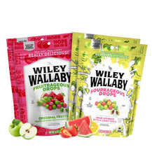 Wiley Wallaby Sourrageous drops close-up showcases soft licorice with candy coating for a bold bite.
