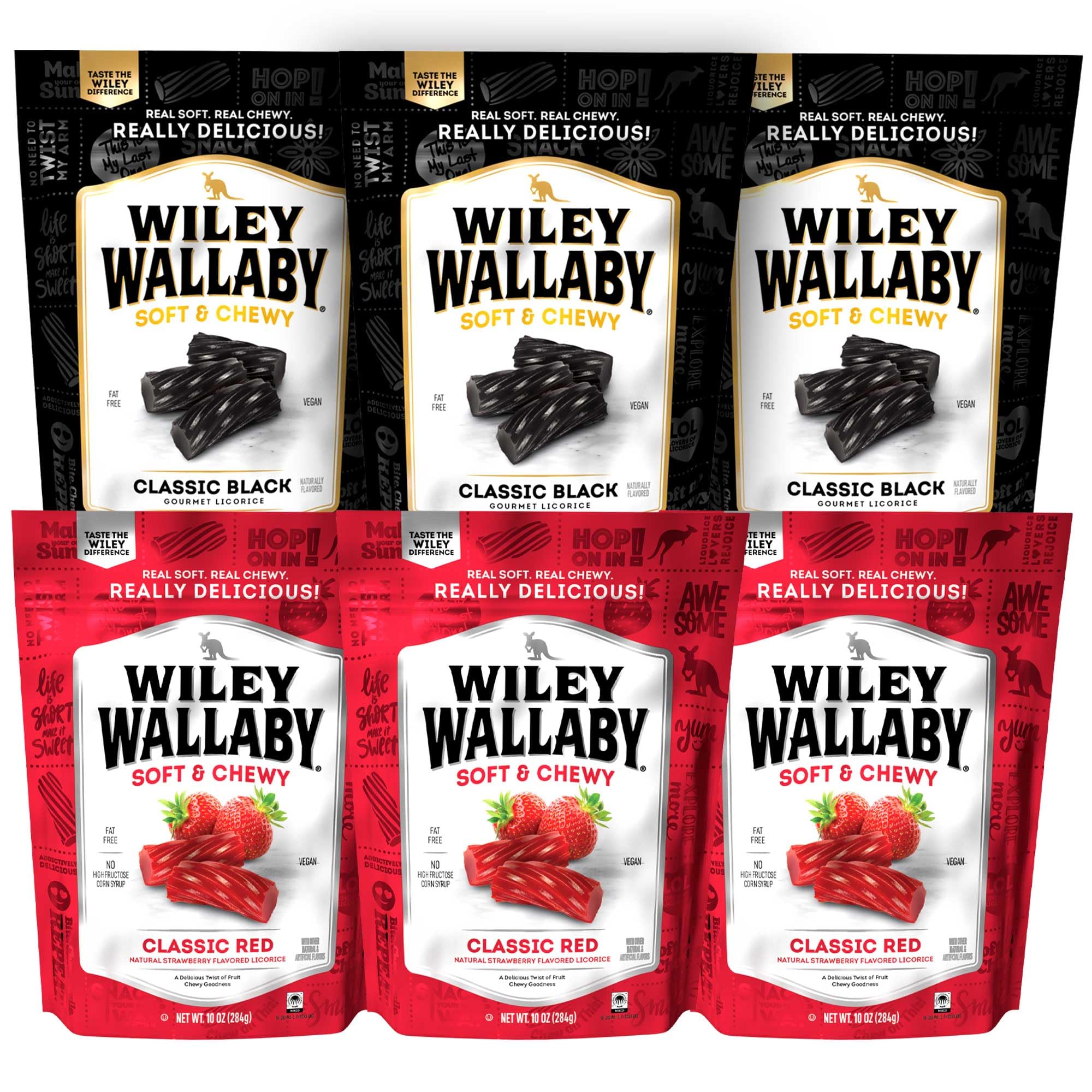 Wiley Wallaby red and black licorice chunks in a premium variety pack, ideal for gatherings