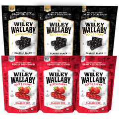 Wiley Wallaby red and black licorice chunks in a premium variety pack, ideal for gatherings