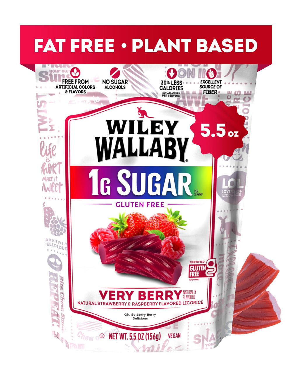 Wiley Wallaby Very Berry licorice twists pack, gluten-free snack with low sugar