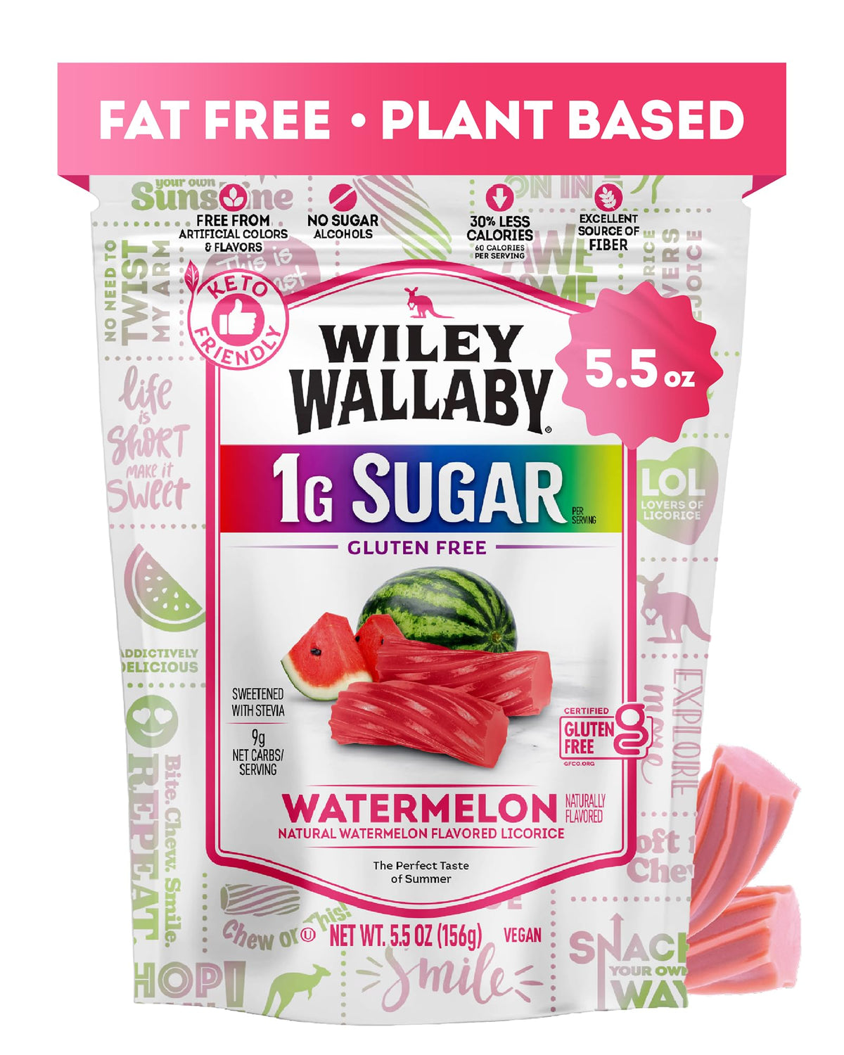 Wiley Wallaby Watermelon Licorice bag front shows gluten-free, low-sugar gourmet candy for on-the-go snacking