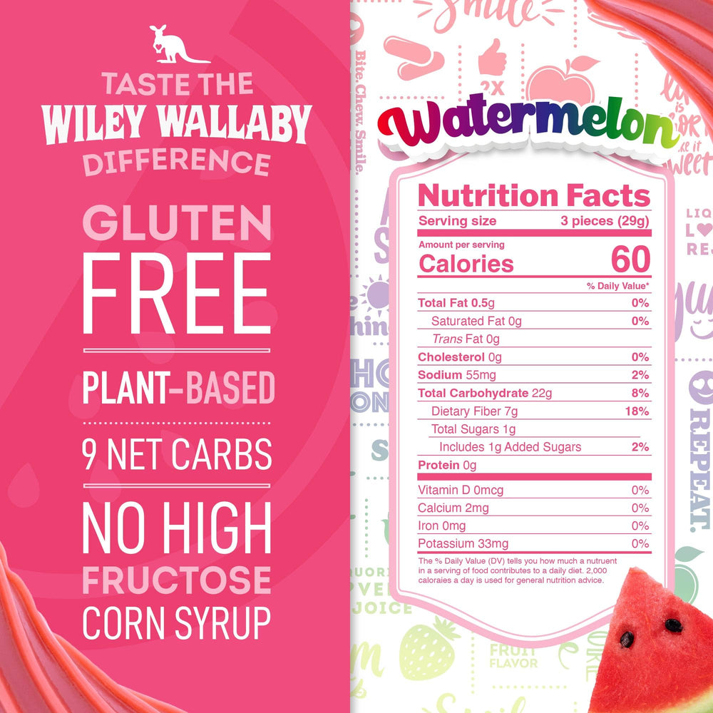 Wiley Wallaby Watermelon Licorice bite closeup highlights soft, chewy texture and natural fruit flavor