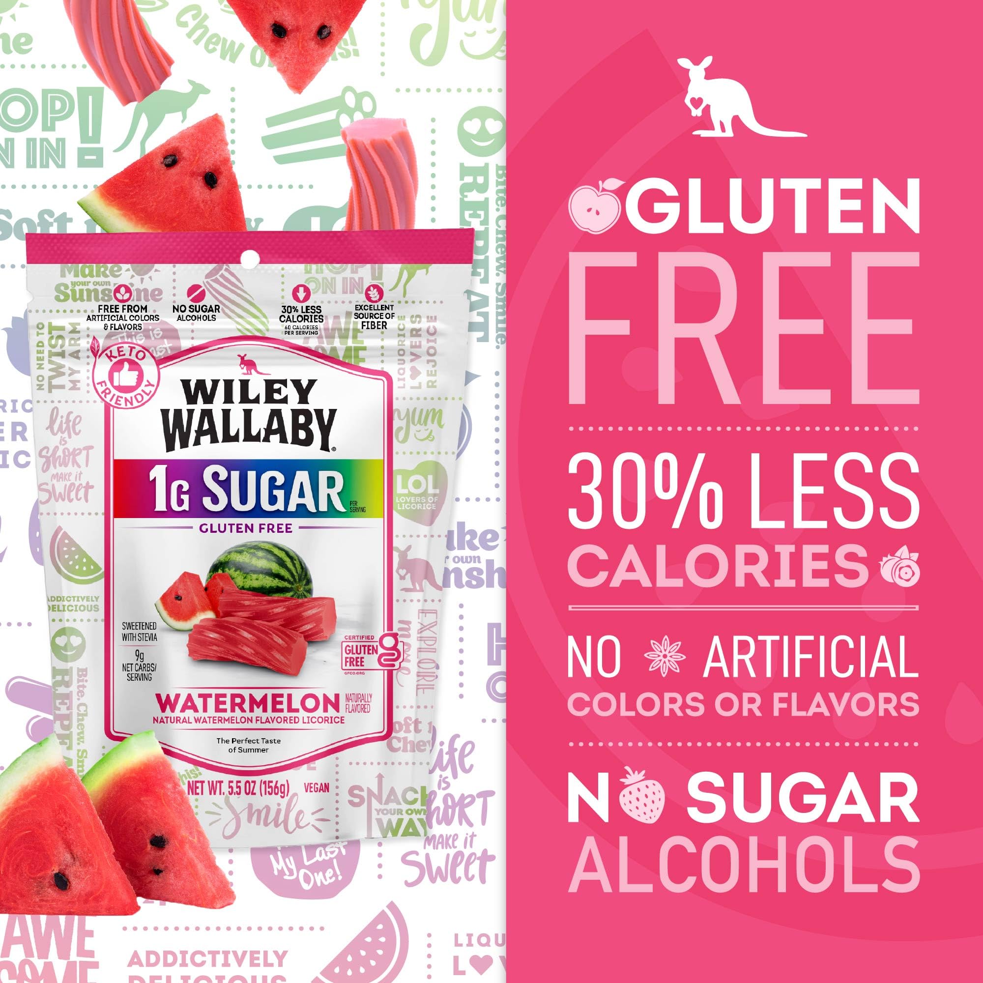 Wiley Wallaby Watermelon Licorice packaging back displays ingredients and gluten-free, low sugar profile