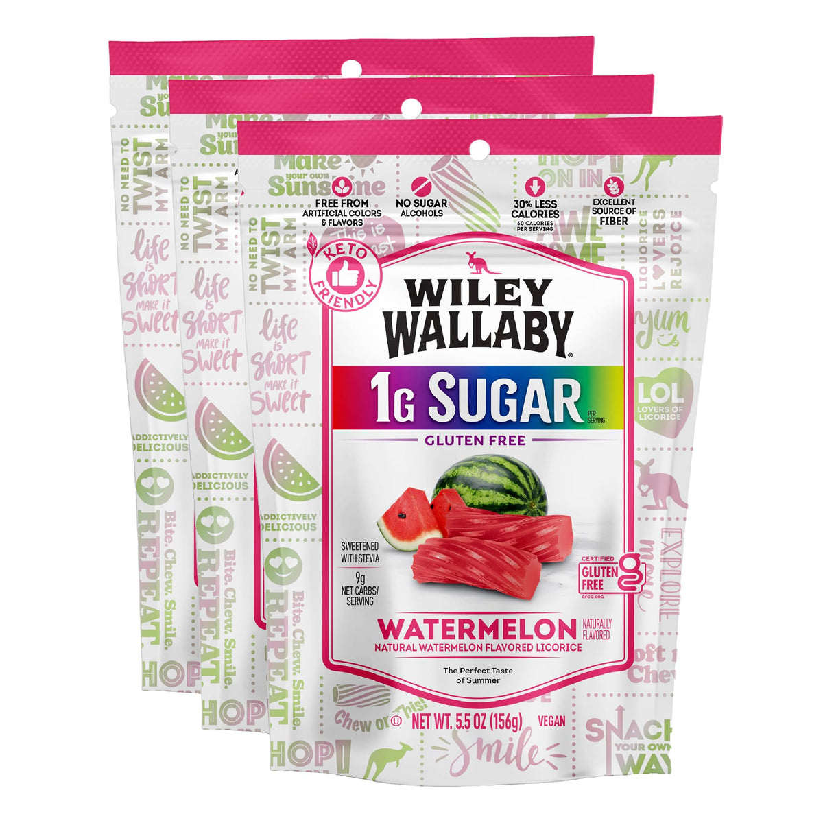 Wiley Wallaby Watermelon Twist pack front showing low-sugar licorice for mindful snacking