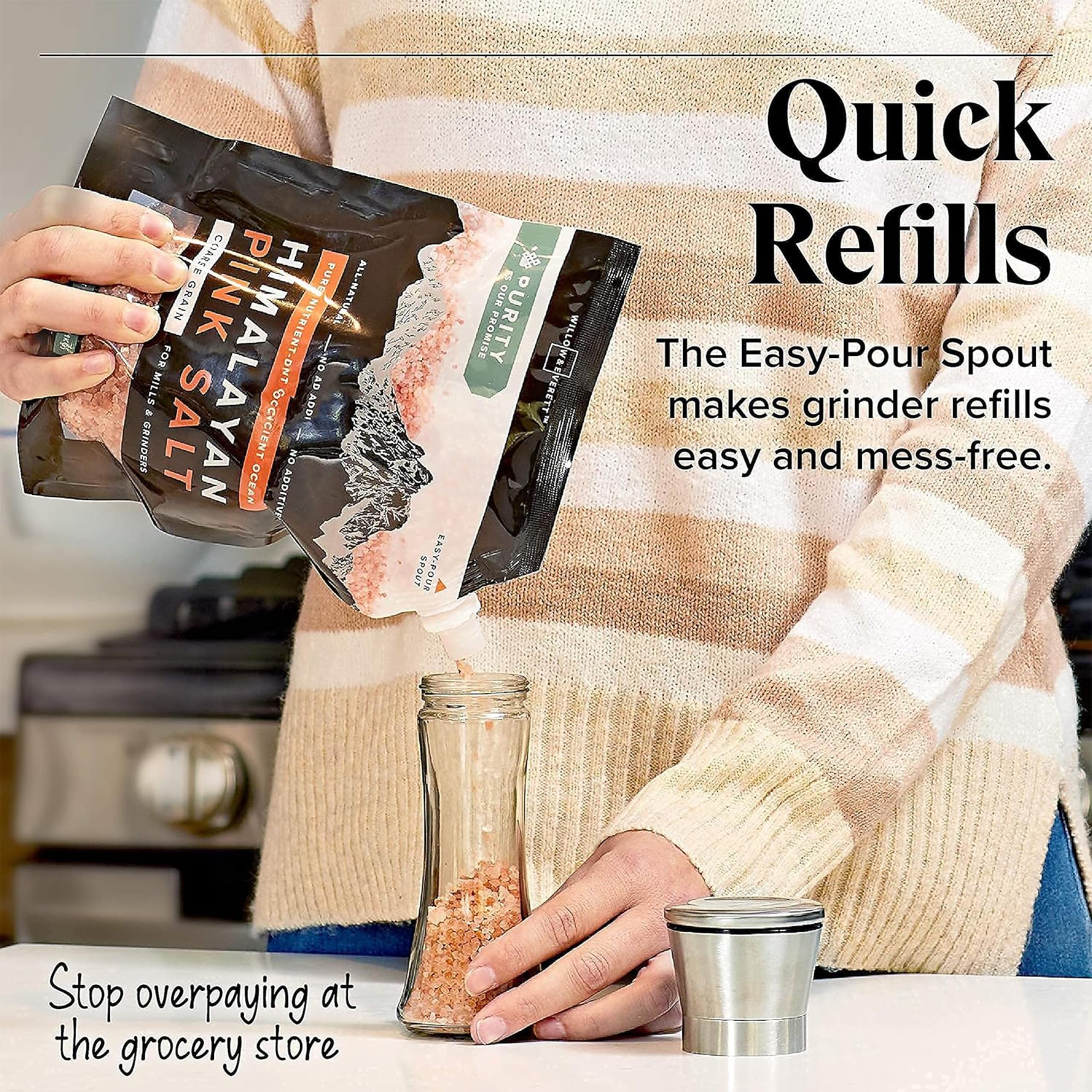 Flaky salt crystals from Willow & Everett distribute evenly for seasoning.