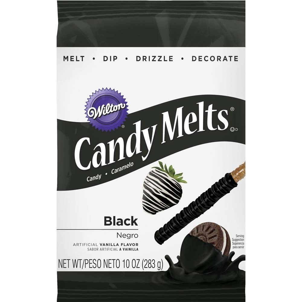 Wilton Black Candy Melts bag ready for melting and dipping treats.