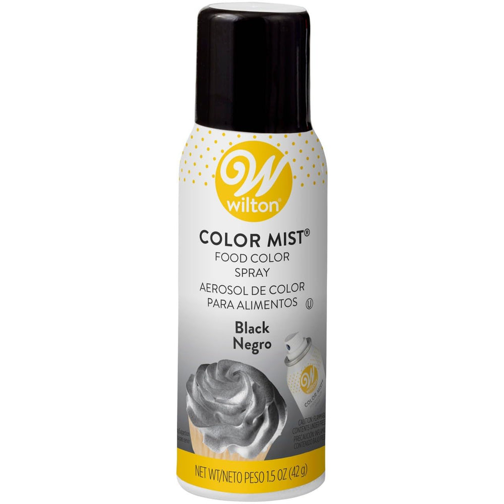 Wilton Black Color Mist spray can adds dramatic color to cakes, cookies, and desserts
