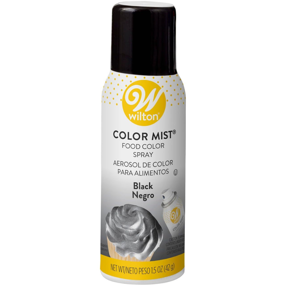 Wilton Black Color Mist spray can adds dramatic color to cakes, cookies, and desserts