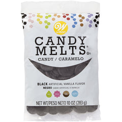 Wilton Black Vanilla Candy Melts wafers pictured in bag for easy candy making