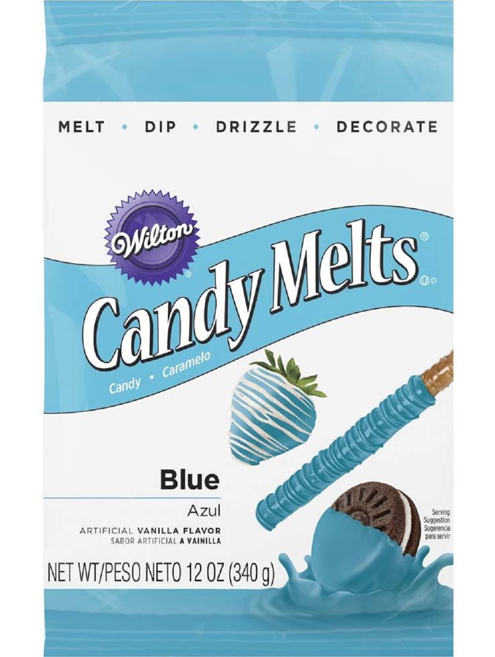 Wilton Blue Candy Melts 12oz bag ready for melting and cake decorating.