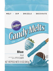 Wilton Blue Candy Melts 12oz bag ready for melting and cake decorating.