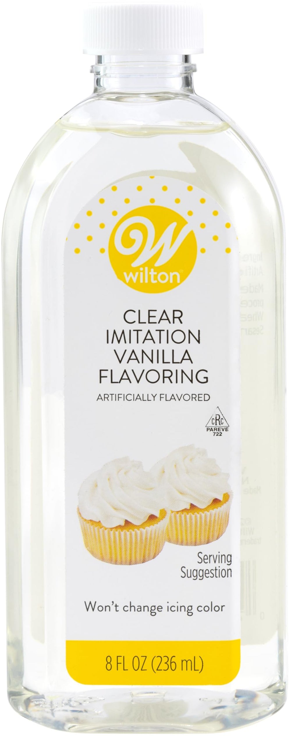 Wilton Clear Imitation Vanilla 8 oz bottle preserves icing color and enhances flavor for decorated cakes.