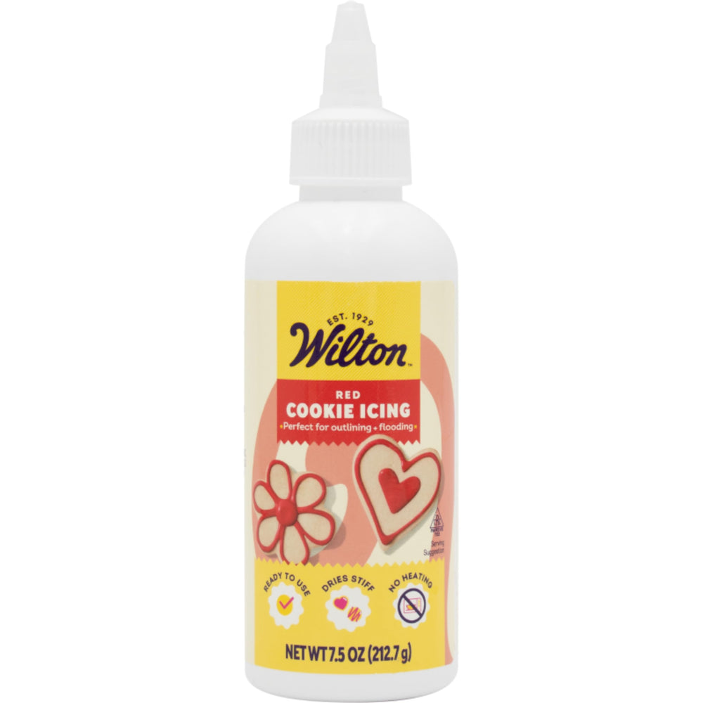 Wilton red cookie icing bottle cap close-up showing precise control for lines