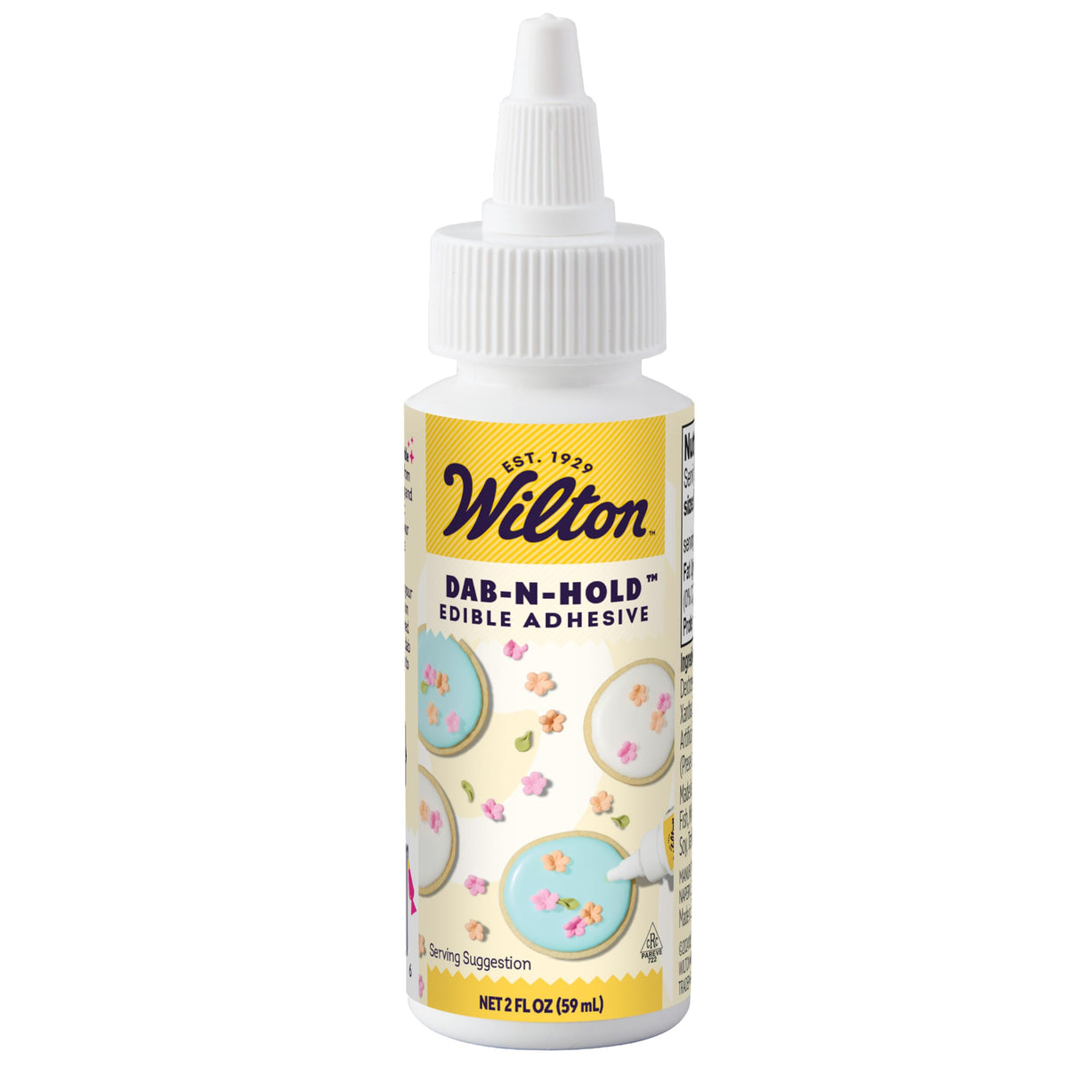Wilton Dab-N-Hold bottle close-up showing clear edible adhesive for secure fondant.