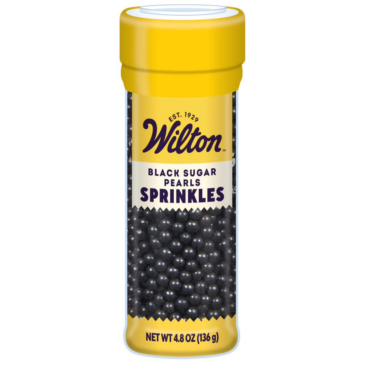 Wilton black decorating sugar pearls in a bottle add elegant cake contrast.