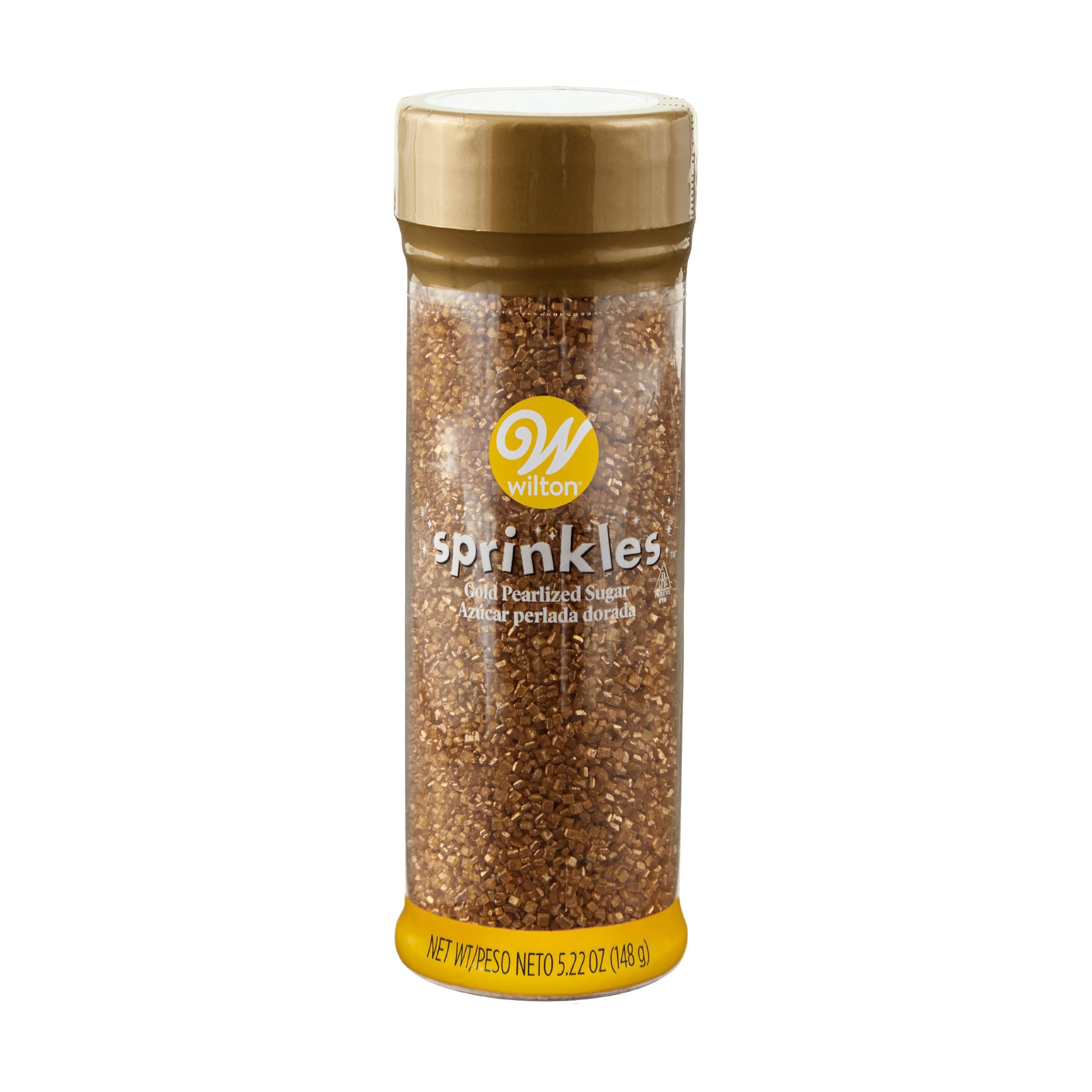 Wilton Gold Pearlized Sugar Sprinkles in a jar add a dazzling finish to cakes