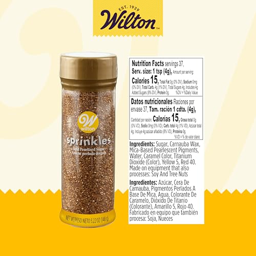 Wilton Gold Pearlized Sugar Sprinkles in a resealable USA-made container for storage