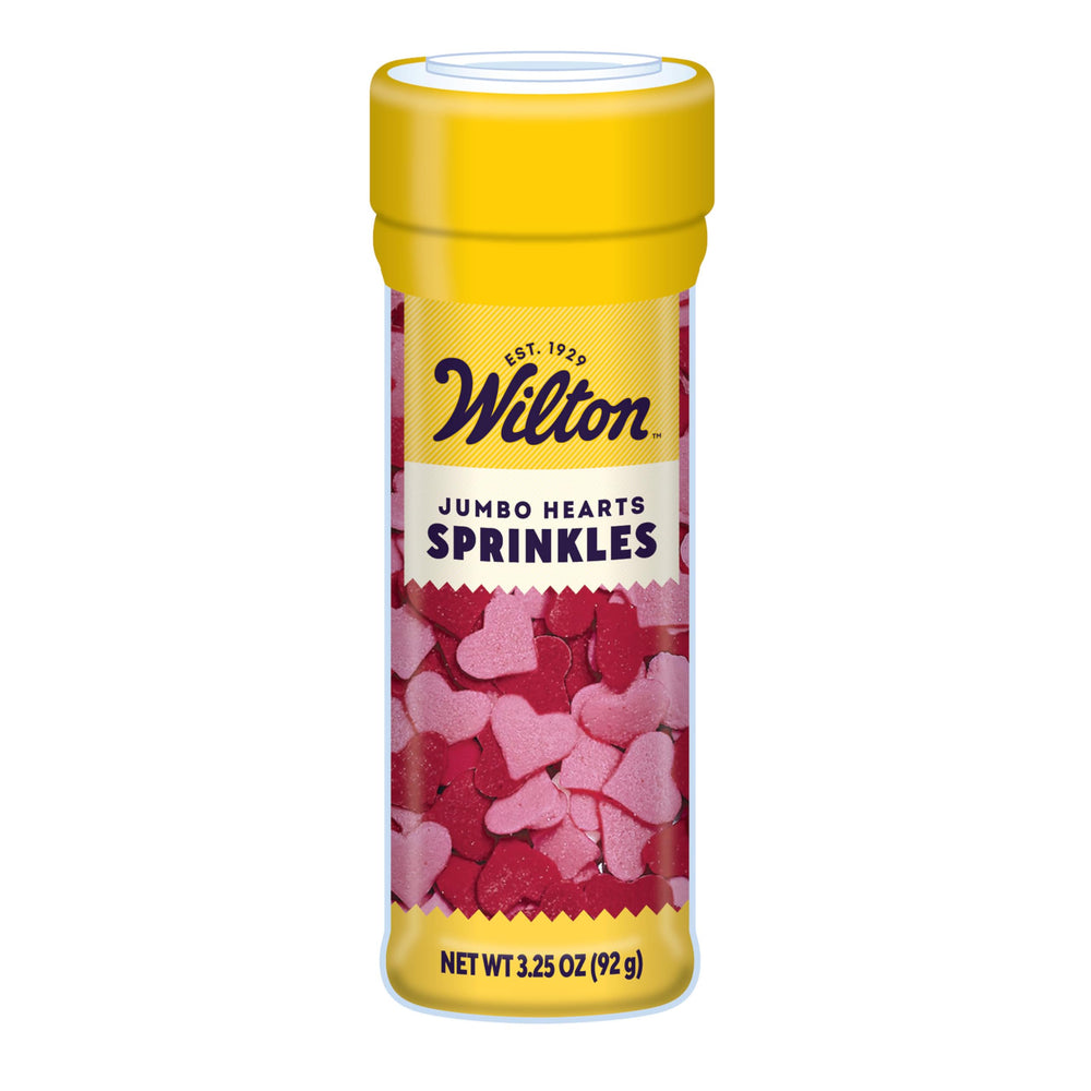 Wilton Jumbo Heart Sprinkles bottle view adds festive color to desserts