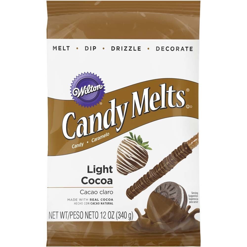 Wilton Light Cocoa Melts 12 oz bag ideal for dipping, molding, coating, and drizzling