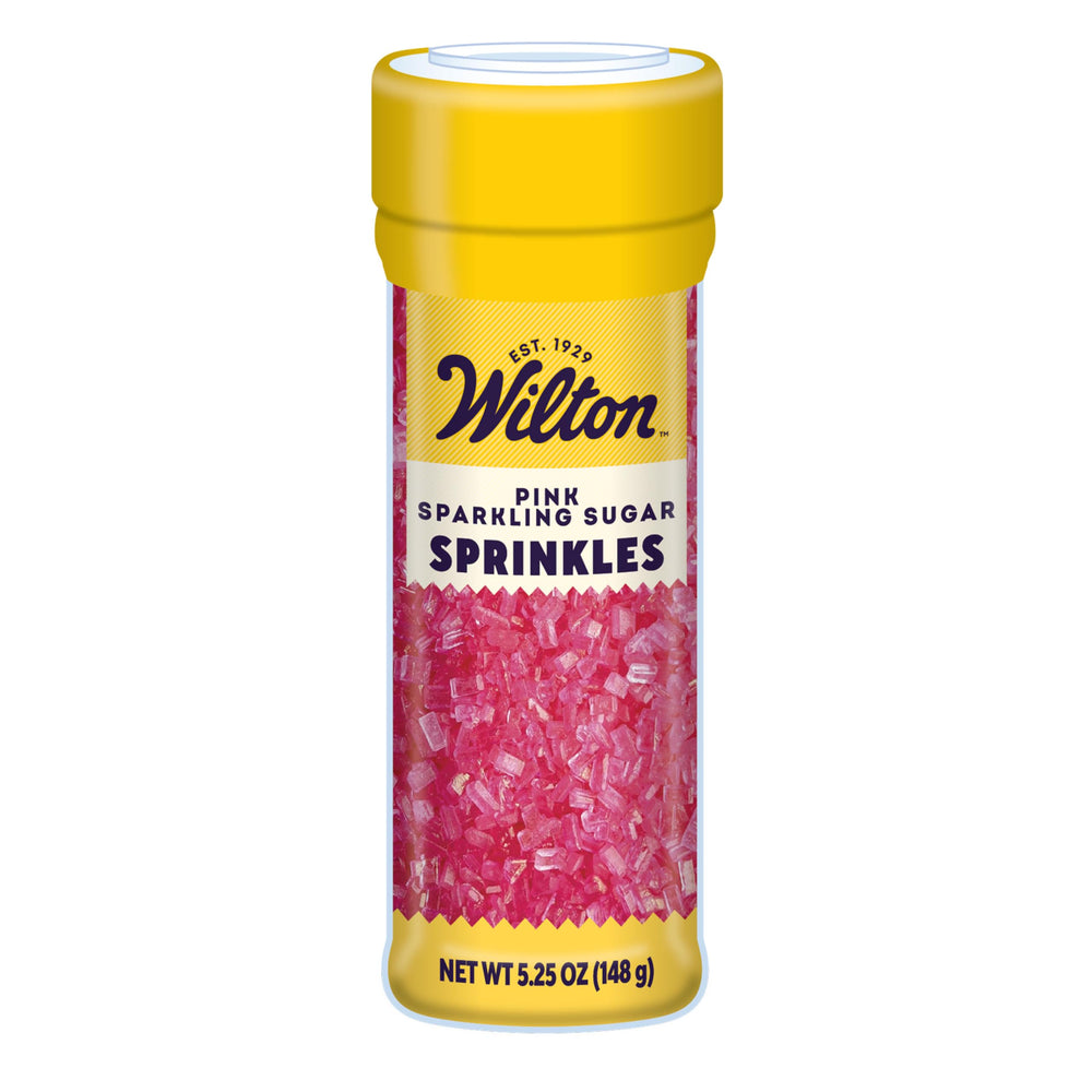 Wilton pink-sparkling-sugar-bottle-pour enables precise decorating with a subtle pink sheen.