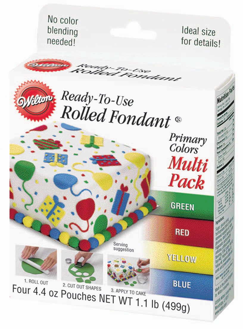 Wilton primary colors fondant multi-pack for vibrant decorations, ready to roll, no kneading required.