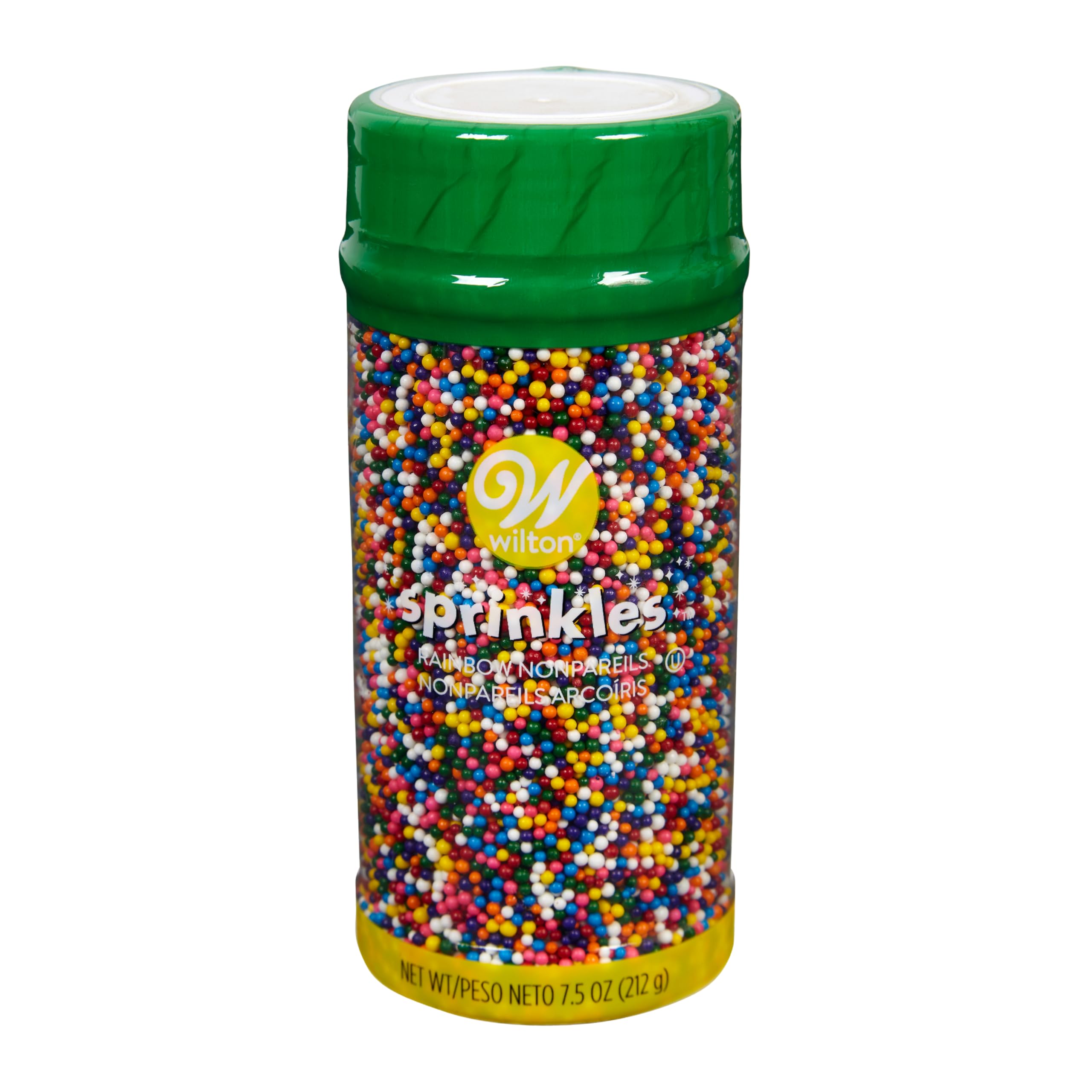 Wilton Rainbow Nonpareils bottle front with colorful daisy shapes for vibrant cupcakes