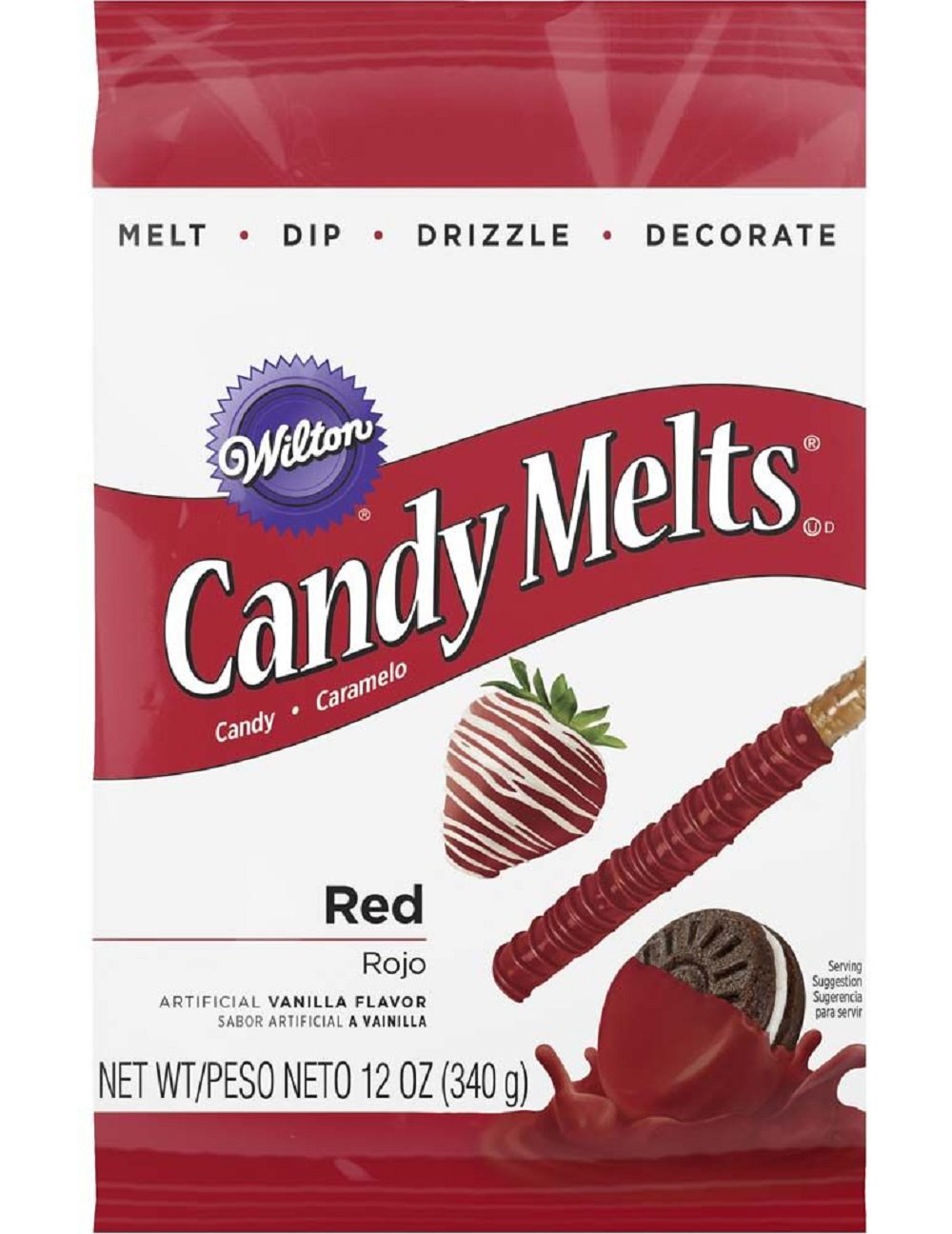 Wilton Red Candy Melts melt quickly in the microwave for smooth coatings.