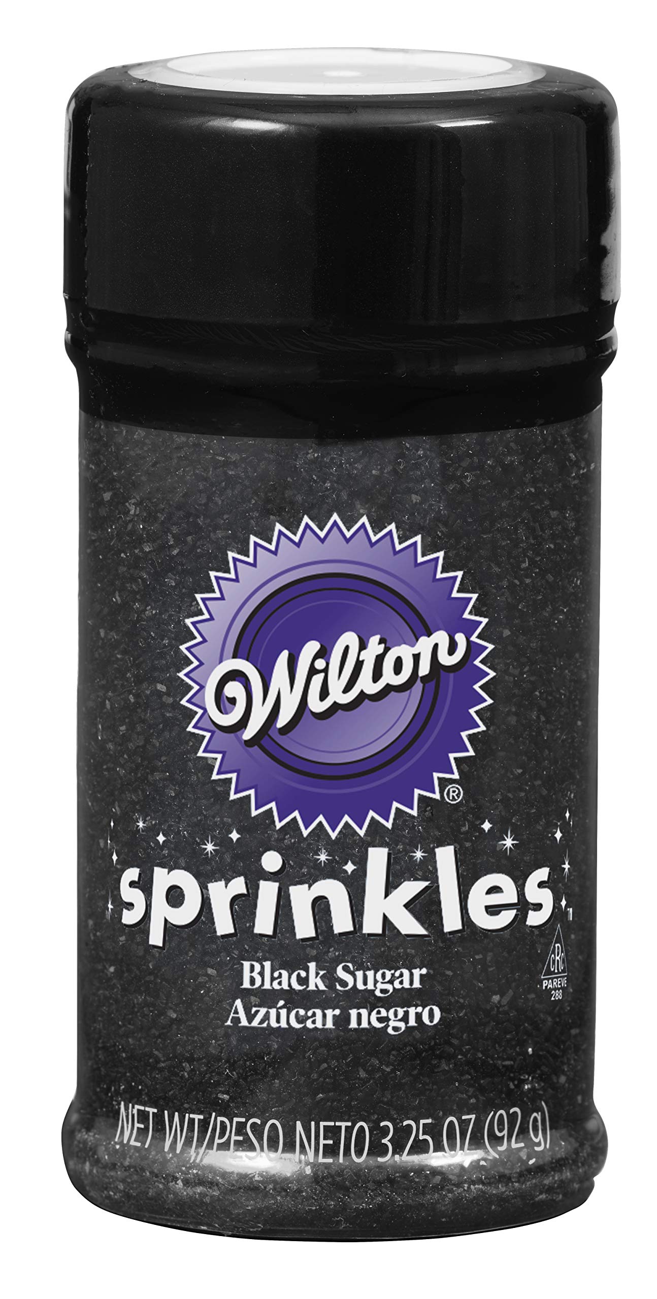Wilton Sparkling Sugar Black bottle front for easy cupcake decorating with bold contrast