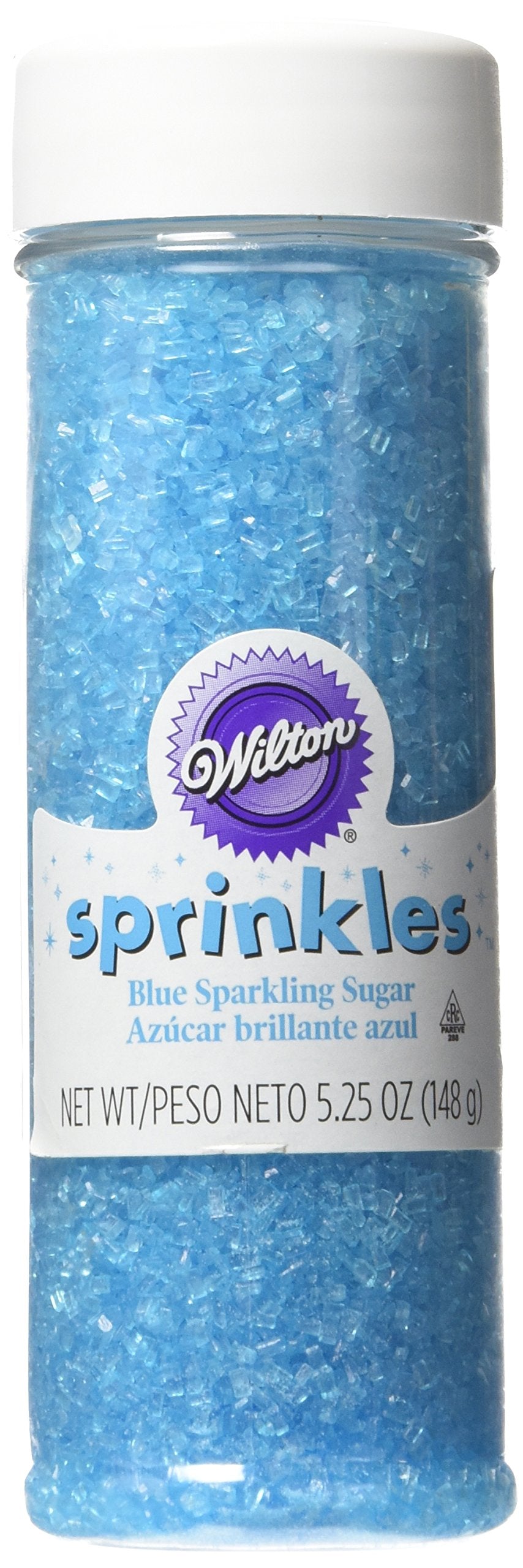Wilton Sparkling Sugar Sprinkles blue bottle adds dazzling sparkle to desserts.