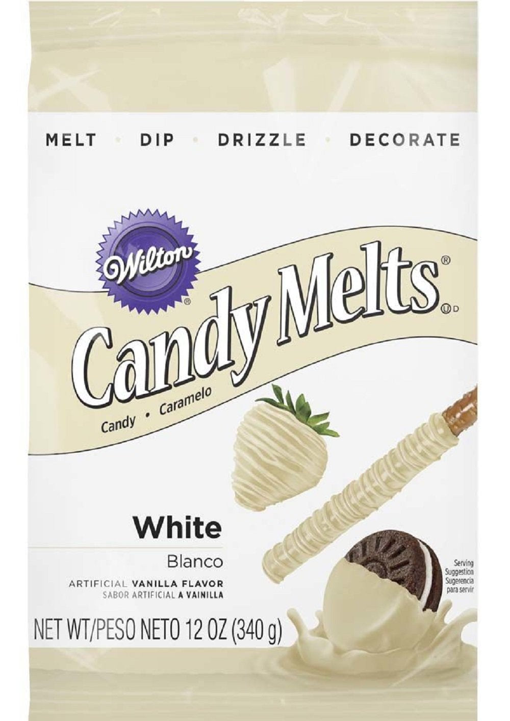 Wilton White Candy Melts 12 oz for dipping strawberries with a smooth coating.