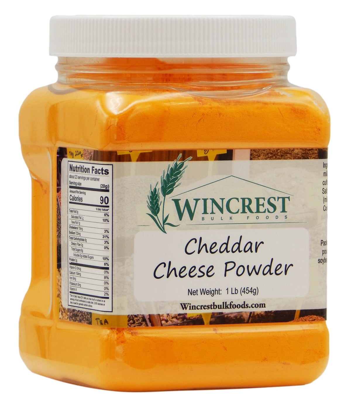 WinCrest cheddar cheese powder tub adds rich flavor to snacks.