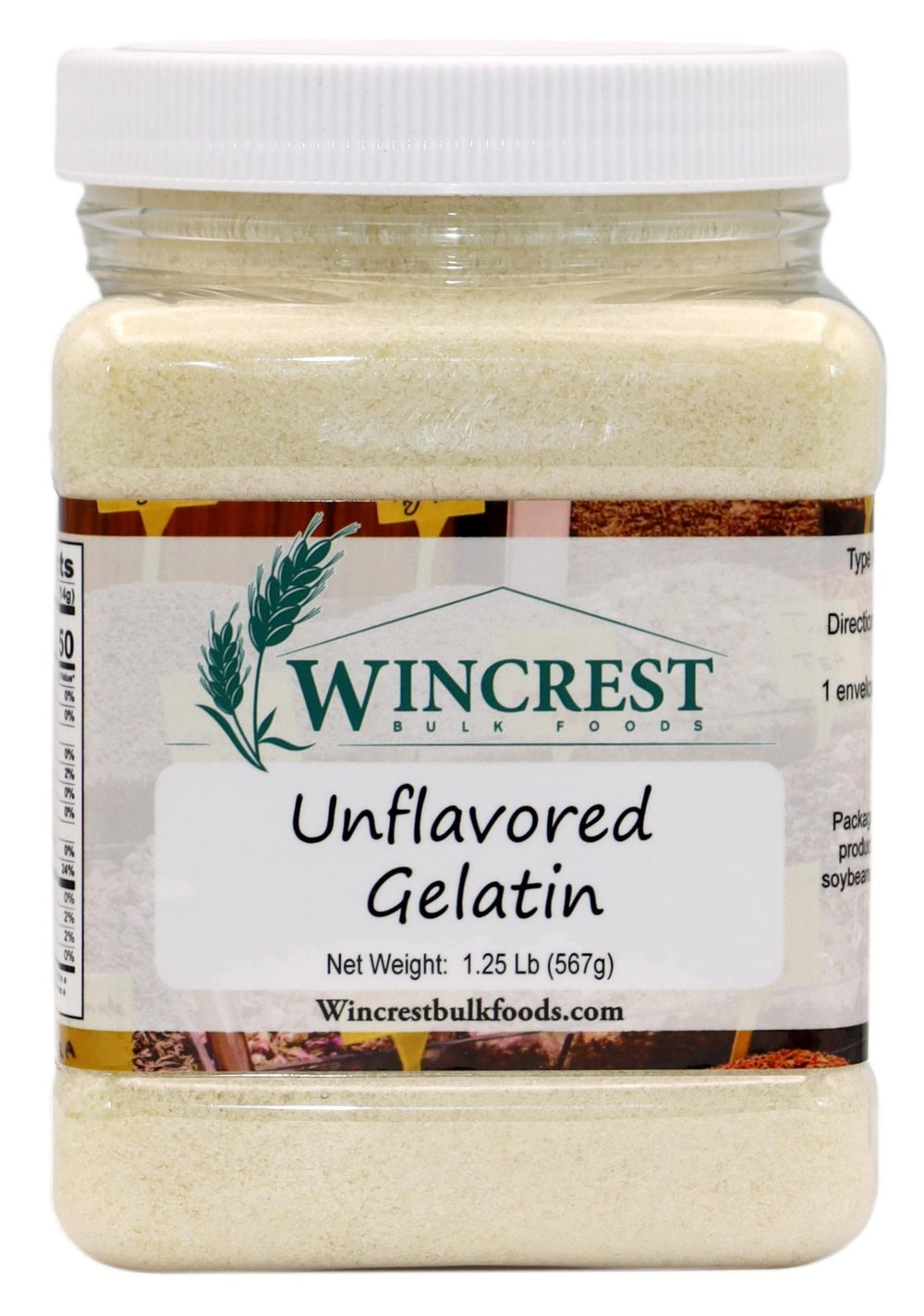 WinCrest Gelatin label shows simple 1 tablespoon per 2 cups guidance.