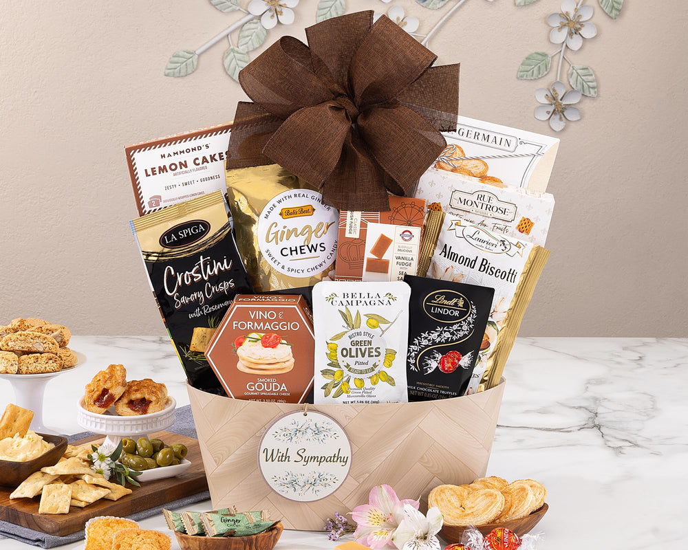 Wine Country Gift Baskets sympathy gift basket interior with gourmet snacks