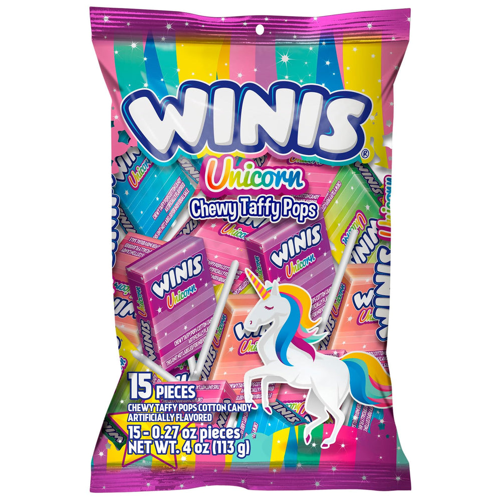 Winis Unicorn chewy taffy pops in bag, ideal for sharing at parties