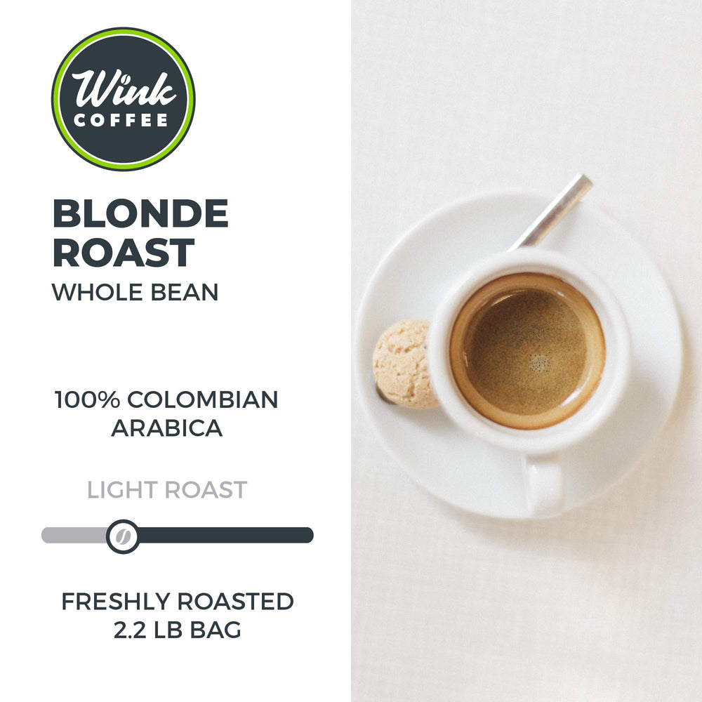 Wink Coffee Blonde Roast whole beans closeup, ready to grind for a bright cup.