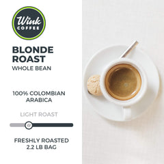 Wink Coffee Blonde Roast whole beans closeup, ready to grind for a bright cup.