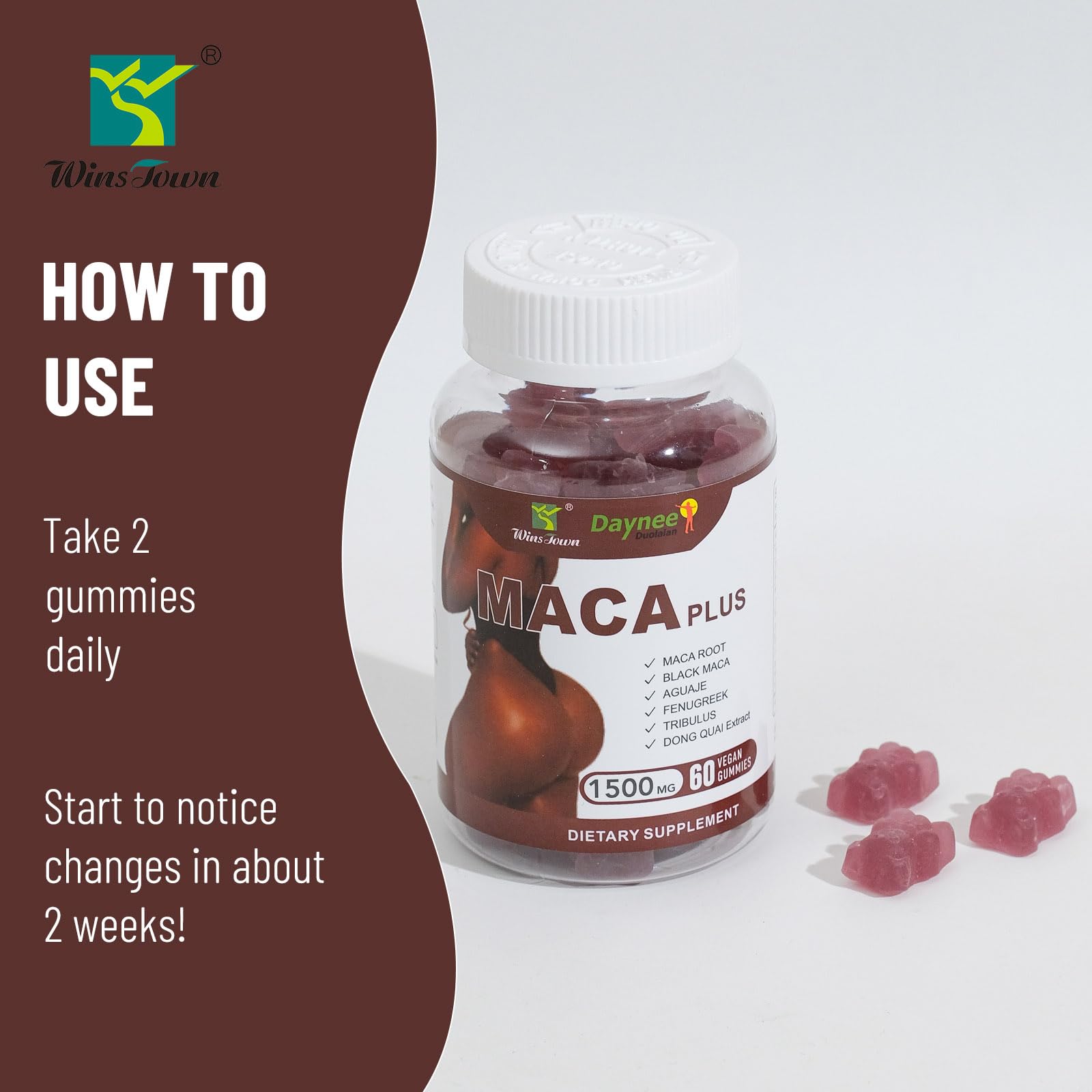 Label indicating vegetarian, GMO-free formula of Wins Town Maca Plus Gummies