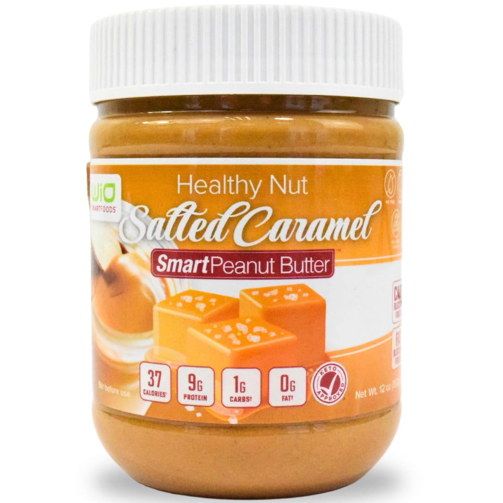 WiO SmartFoods Peanut Butter Salted Caramel jar front highlighting keto-friendly, creamy texture