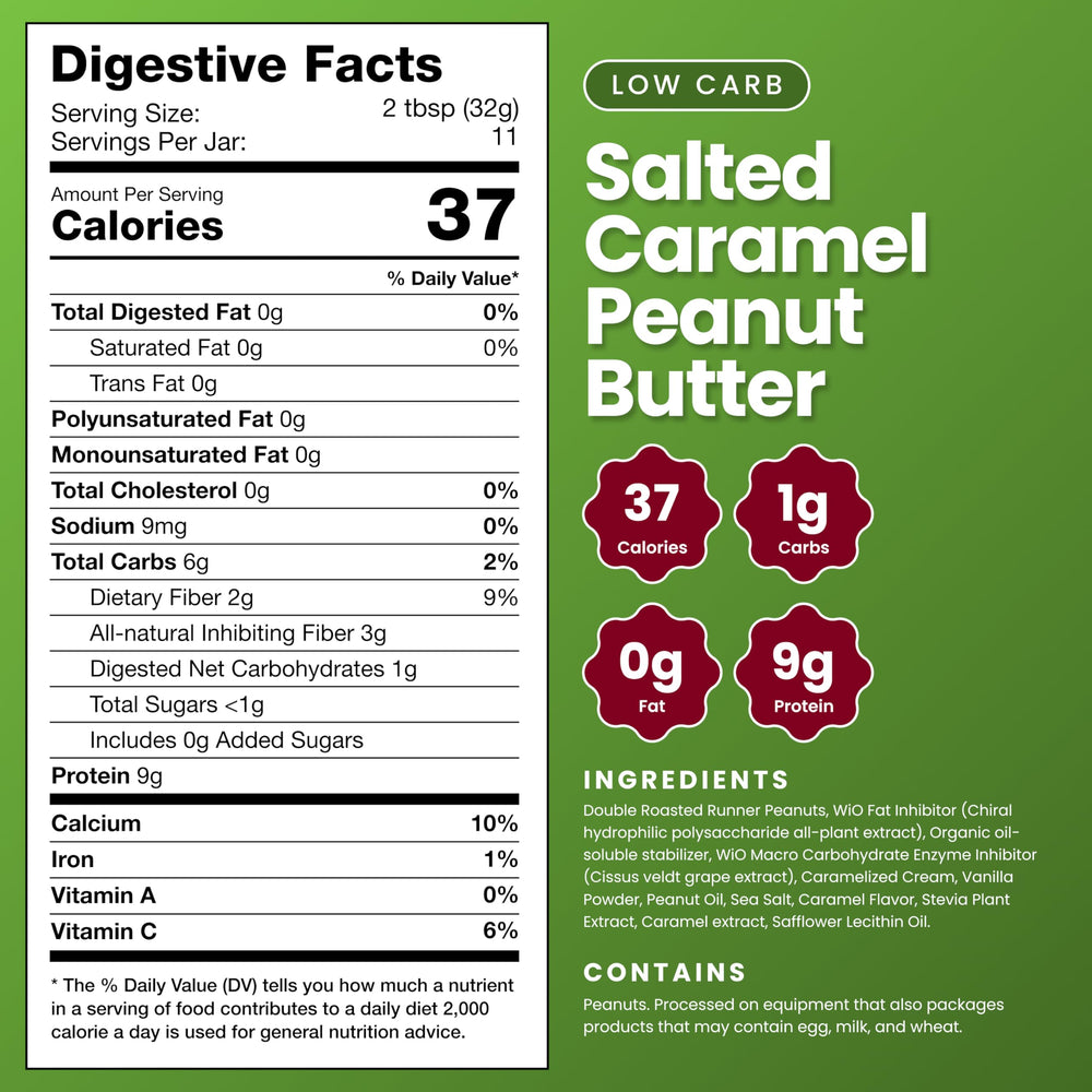 WiO SmartFoods Peanut Butter Salted Caramel label closeup showing sugar-free, natural ingredients