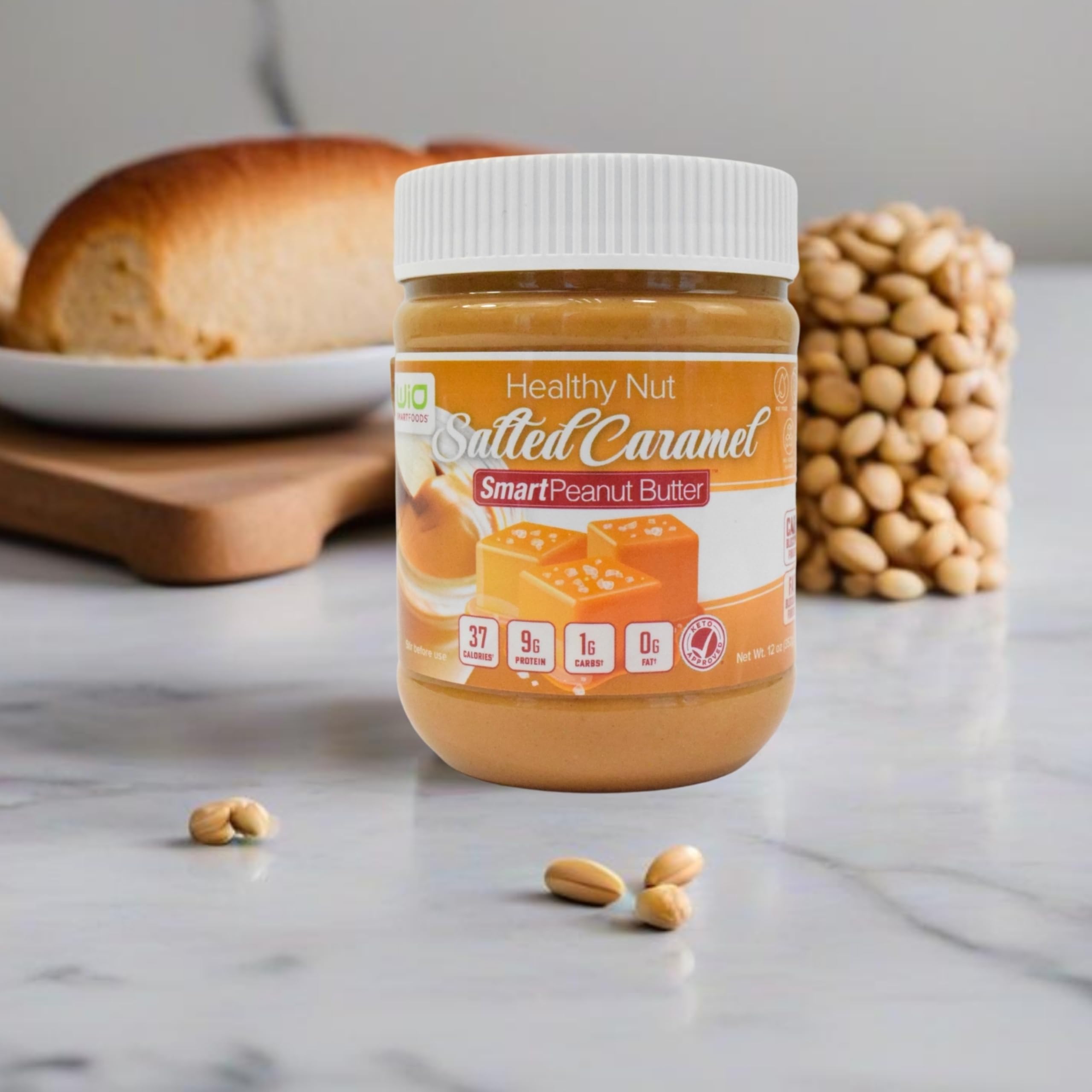WiO SmartFoods Peanut Butter Salted Caramel on a snack plate for quick, satisfying bites