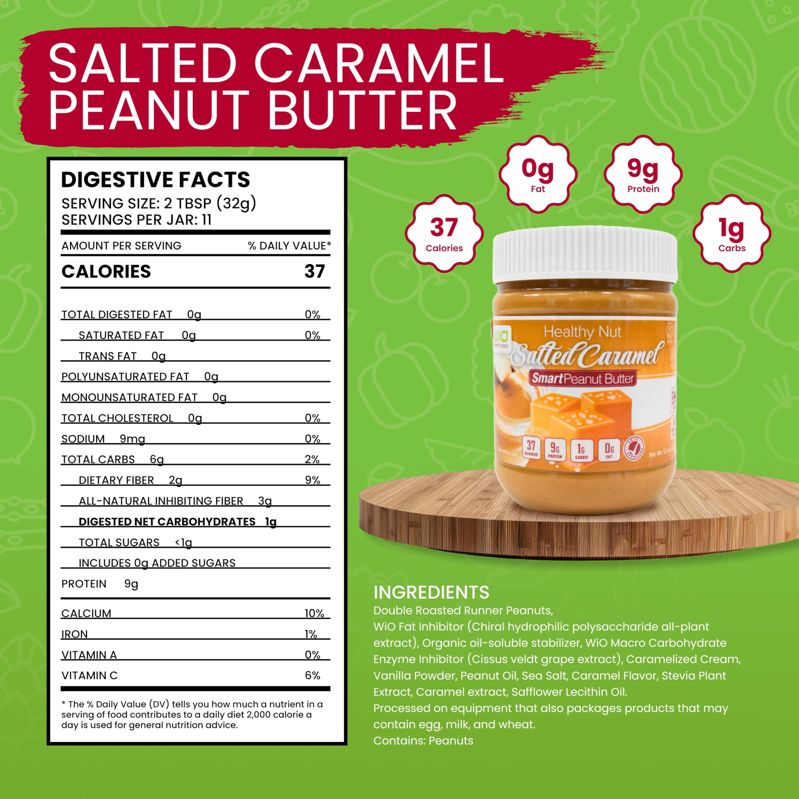 WiO SmartFoods Peanut Butter Salted Caramel spread texture emphasizing creaminess and low-carb appeal