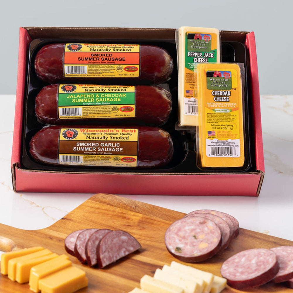 Wisconsin Cheese Company gift box unboxed, ideal for entertaining.
