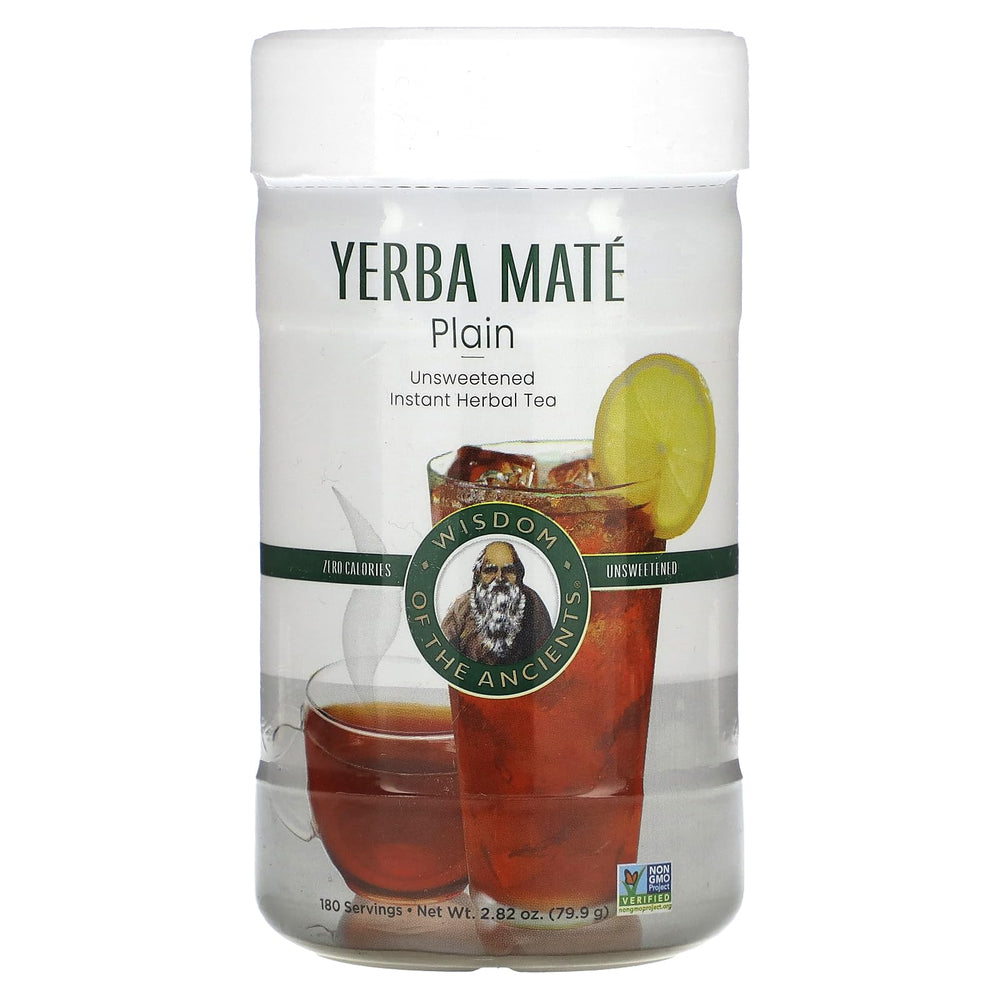 Wisdom of the Ancients Instant Yerba Mate tea bottle pouring for quick energy.